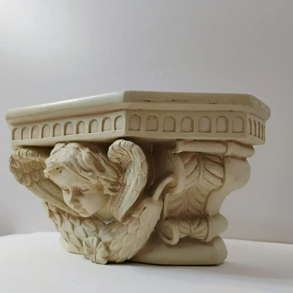 Vintage Cherub Wall Shelf, Antique Style Resin Angel Plaque Decor Cream Accent